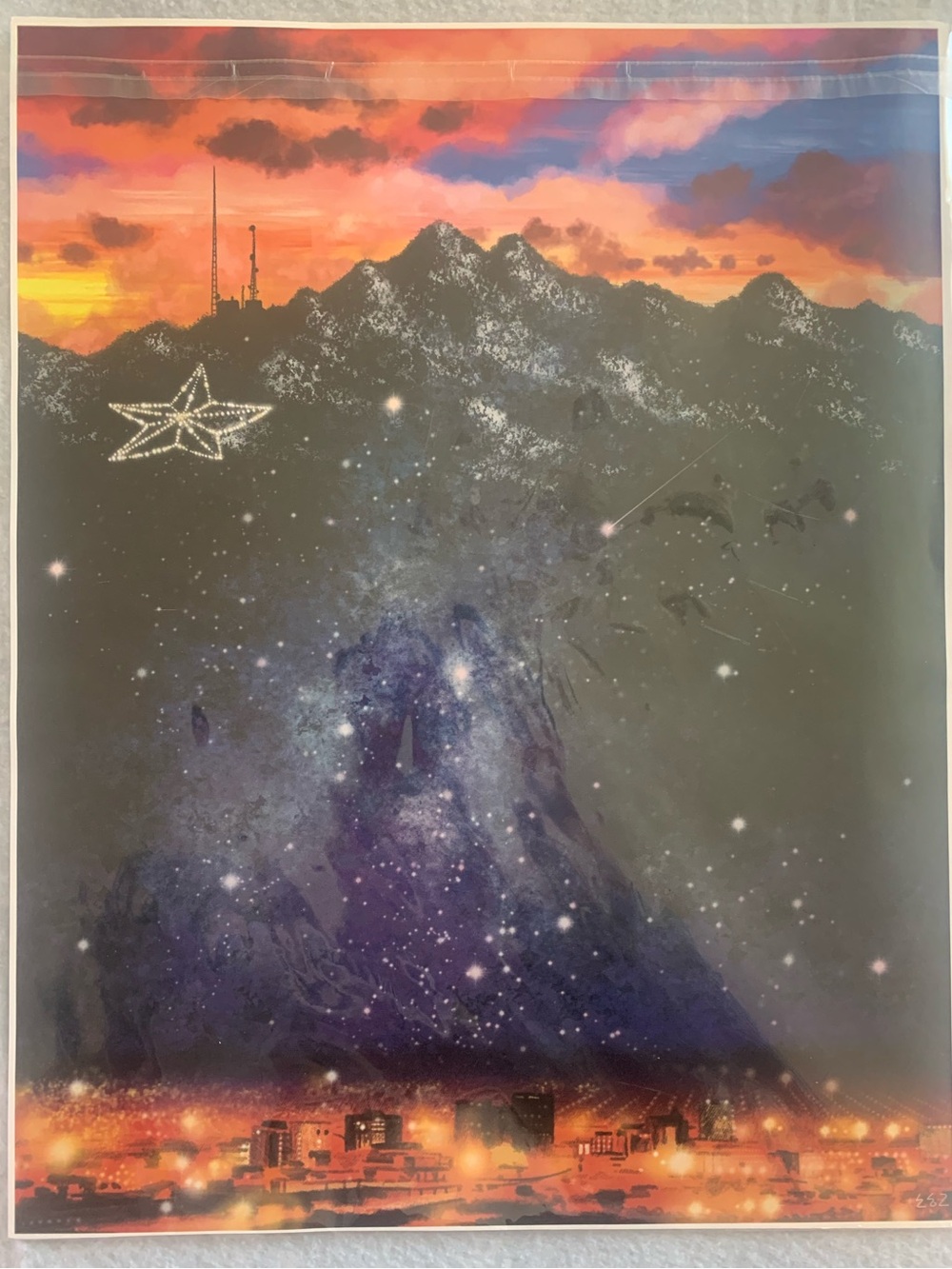 Galaxy Cityscape Art Print Starry Night Mountain Skyline Cosmic Decor